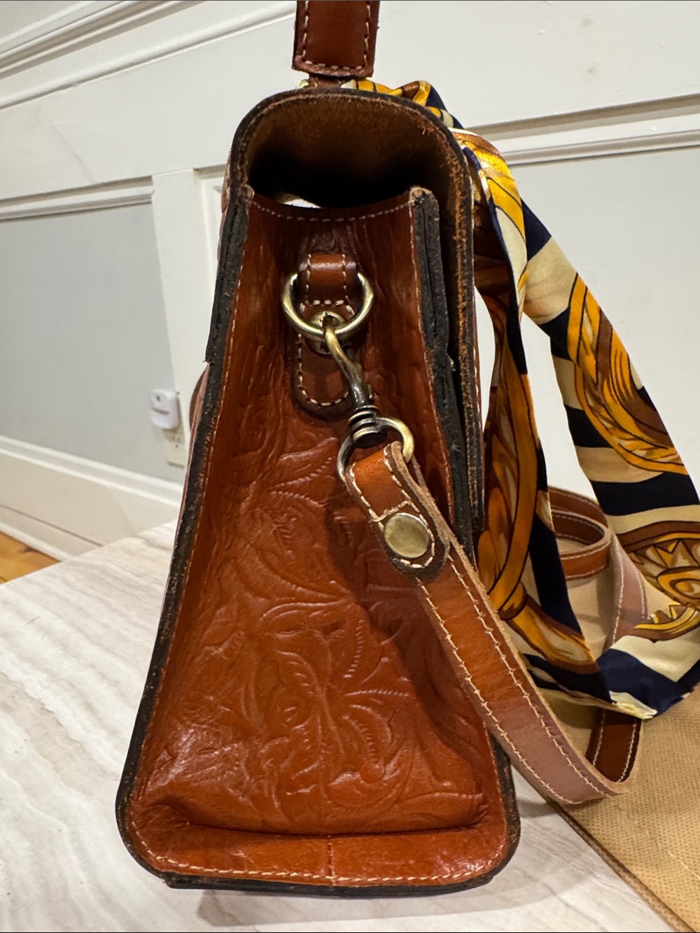 Patricia Nash Chauny Tooled Floral Embossed Brown Leather Satchel - Picture 8 of 17